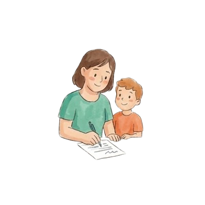 Aquarell-Symbol: Mutter füllt mit ihrem Kind den Anmeldezettel aus