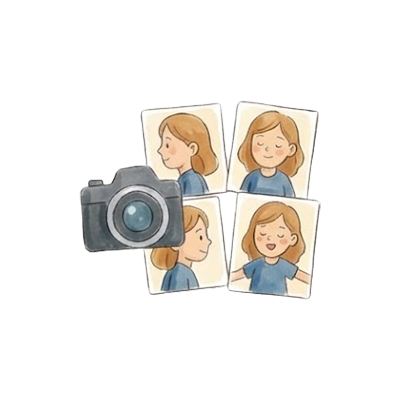 Aquarell-Symbol: Kamera mit verschiedenen Kinderporträts