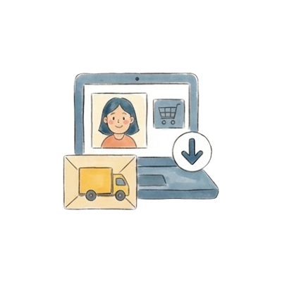 Aquarell-Symbol: Laptop mit Online-Shop, Download und Paket