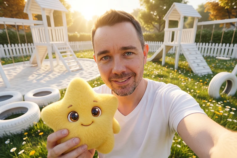 Silvio Luis mit dem KitaSternchen-Maskottchen – Kinderfotograf für Artern (Thüringen)