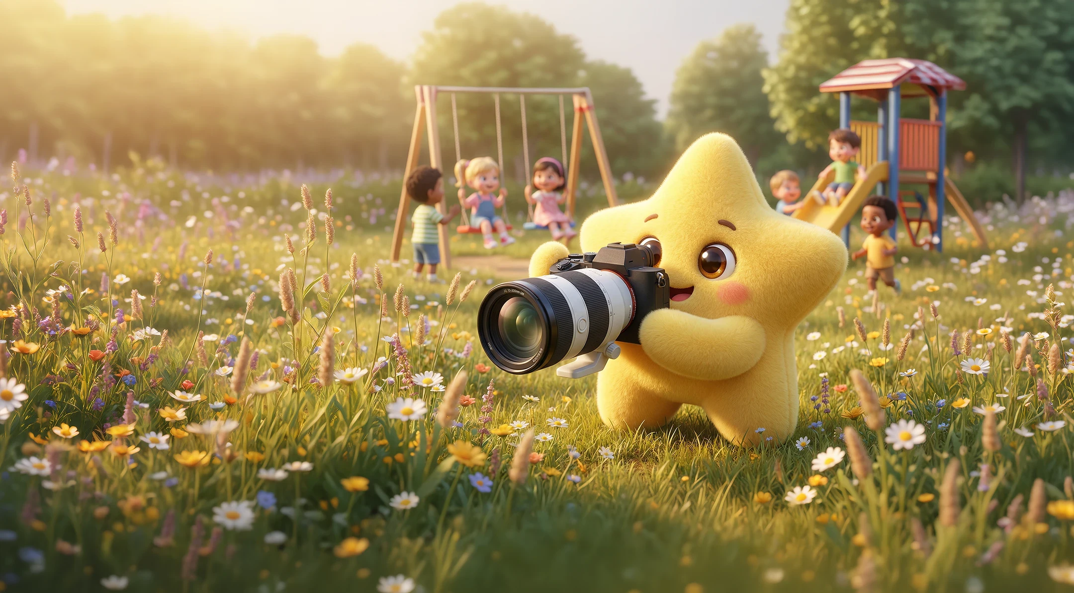 KitaSternchen-Maskottchen mit Kamera auf einer Sommerwiese – Kinderfotografie für Naumburg und den Burgenlandkreis