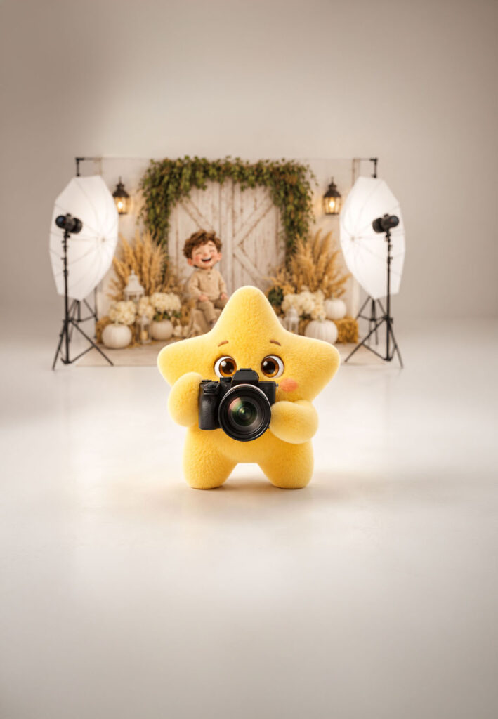 Das KitaSternchen-Maskottchen fotografiert vor einem aufgebauten Fotoset mit Studiolicht (KI-generiert)