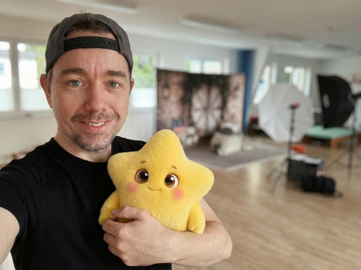 Silvio Luis – Kita-Fotograf aus Farnstädt, mit dem KitaSternchen-Maskottchen im Fotostudio