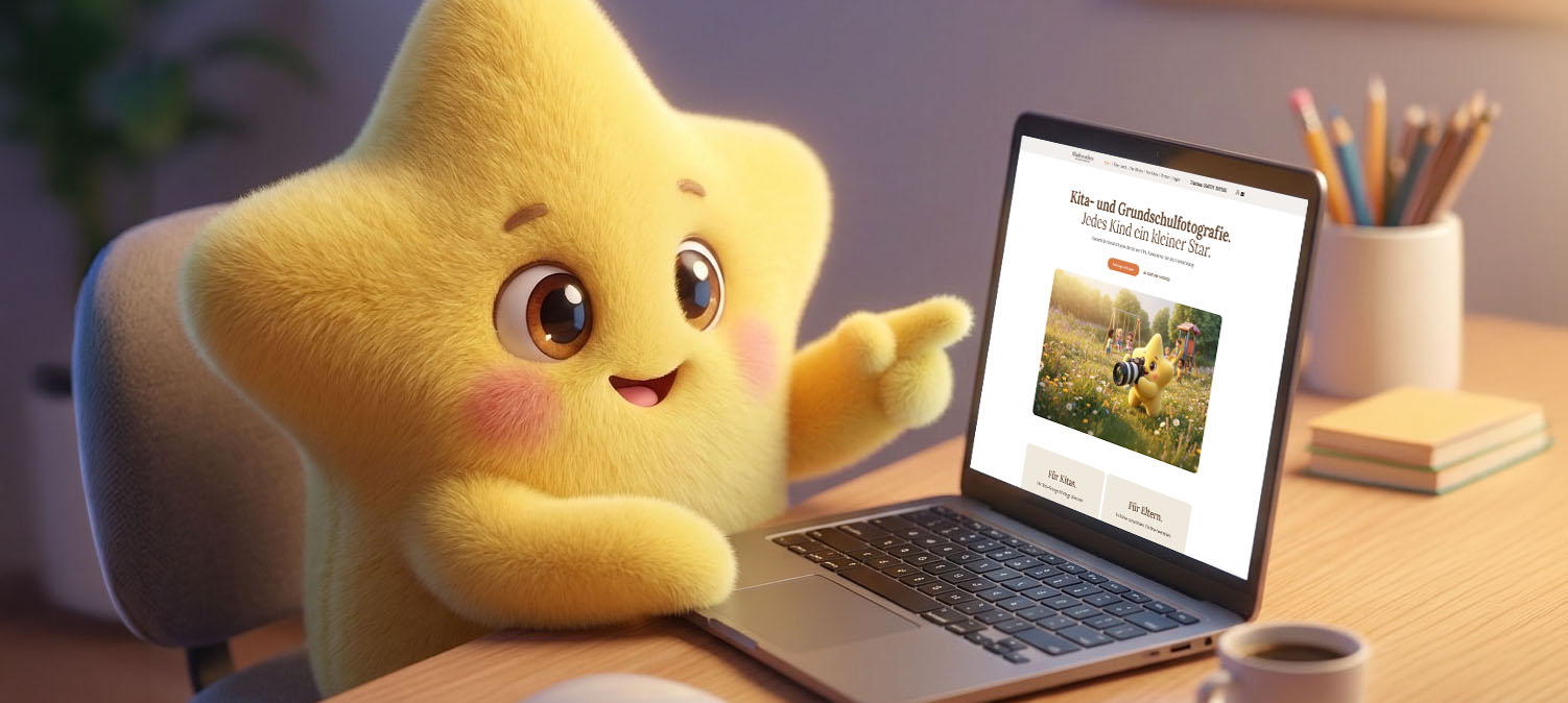 Das KitaSternchen-Maskottchen sitzt am Laptop und zeigt auf die KitaSternchen-Website