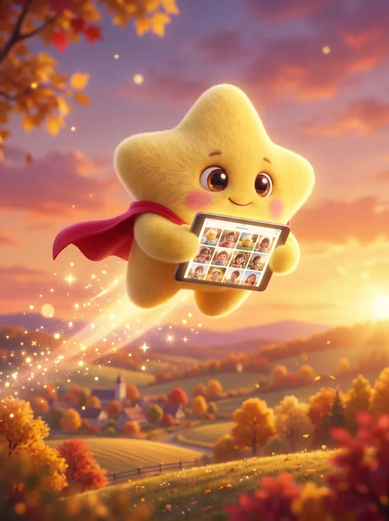 Das KitaSternchen-Maskottchen fliegt mit einer Online-Galerie auf dem Tablet durch eine Herbstlandschaft (KI-generiert)